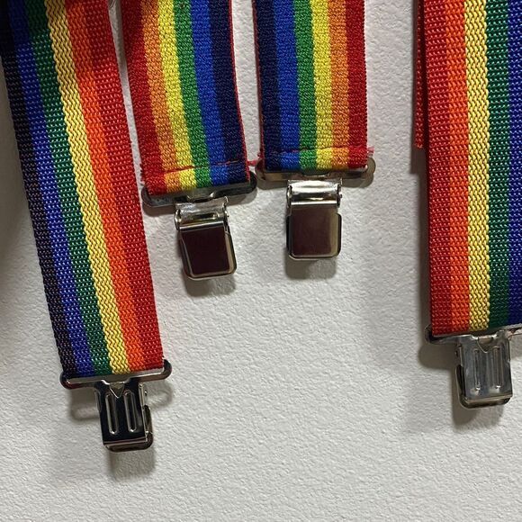 Vintage 80s Rainbow Suspenders 110 Leather Back Metal Clips Pridecore Punk Retro - Picture 4 of 8